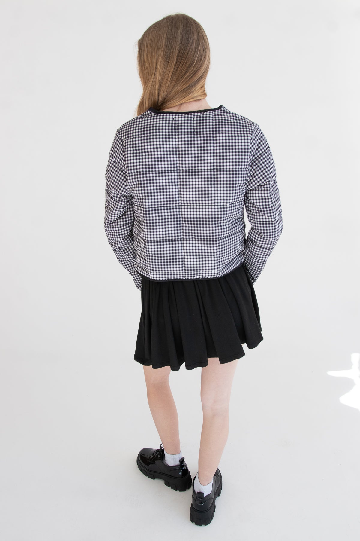 Tie Front Puff Jacket Black Gingham