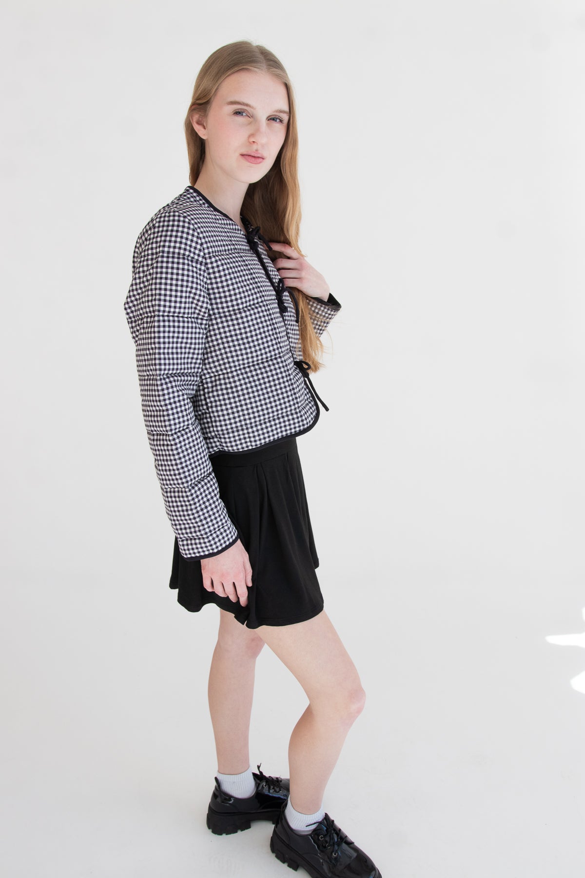 Tie Front Puff Jacket Black Gingham