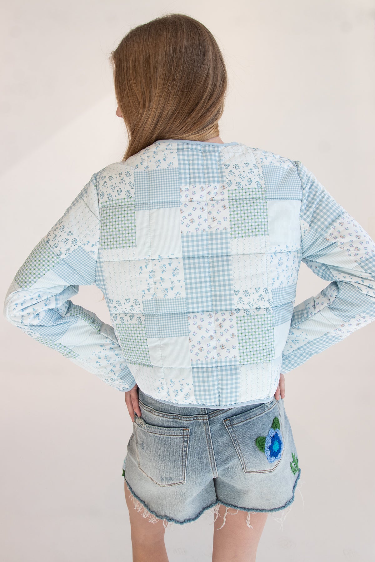 Tie Front Puff Jacket Blue Quilted