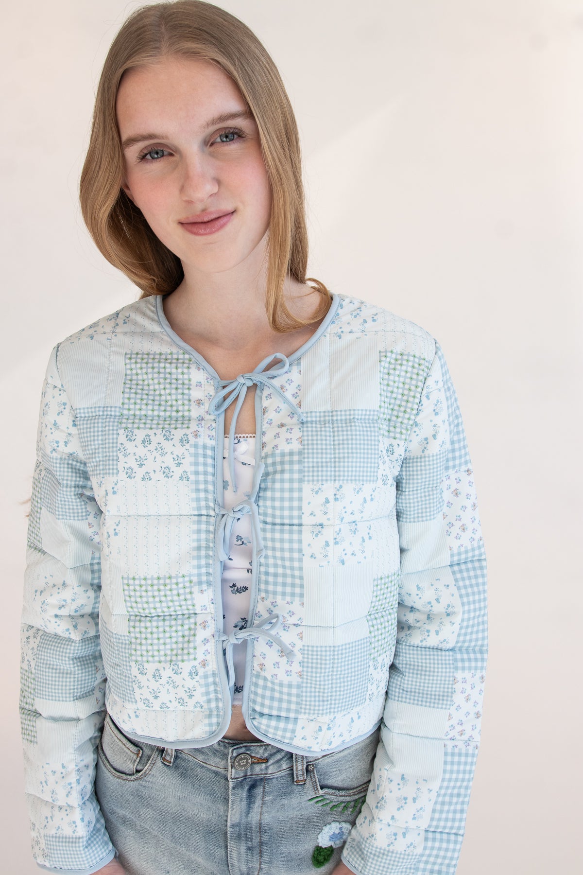 Tie Front Puff Jacket Blue Quilted