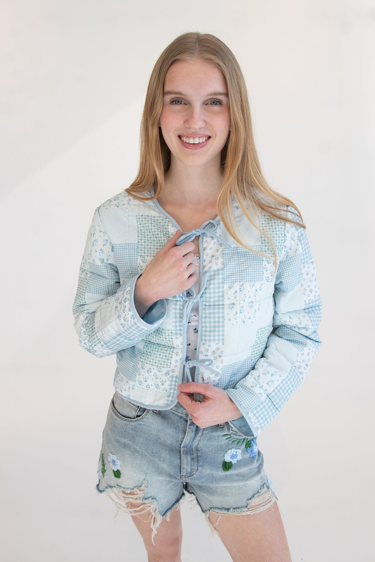 Tie Front Puff Jacket Blue Quilted