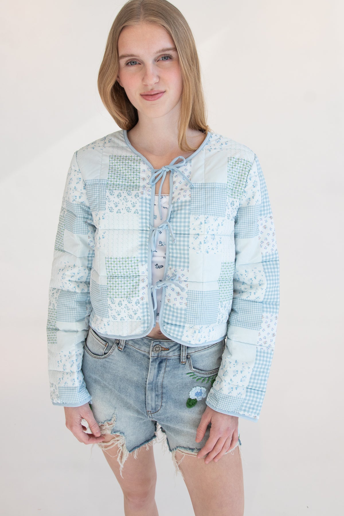 Tie Front Puff Jacket Blue Quilted