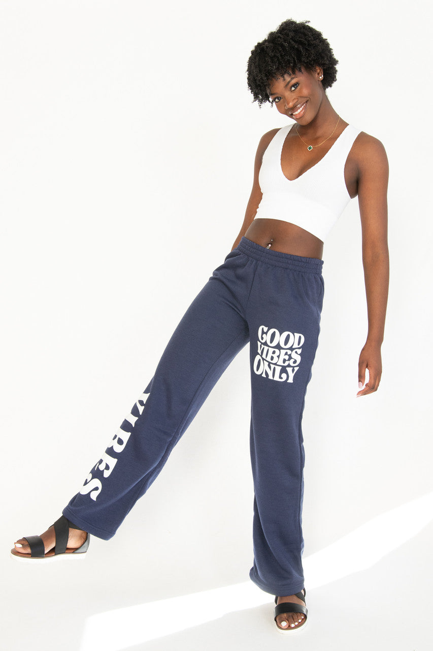 Navy Sweat Pants with Good Vibes Text