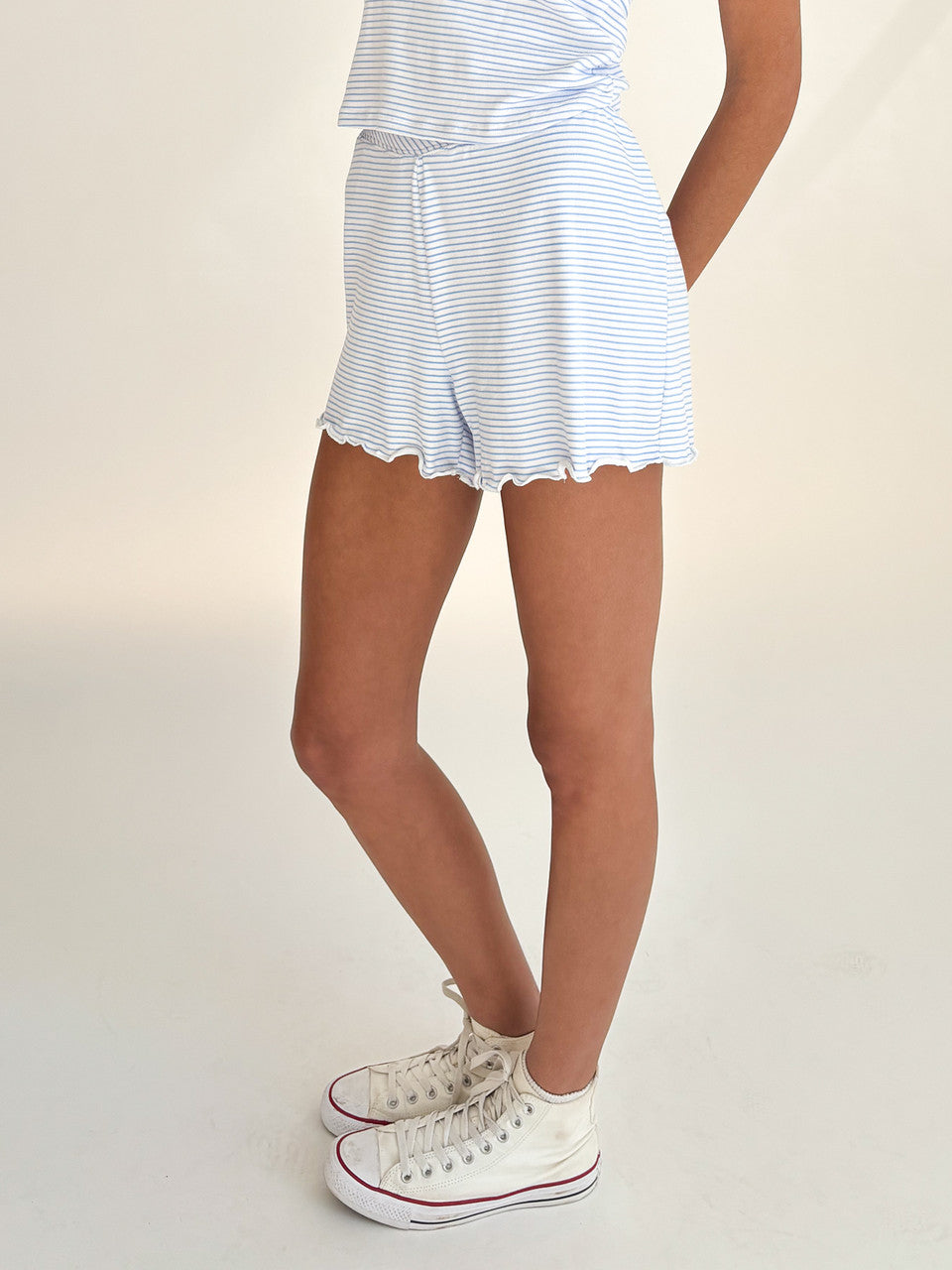 Blue Pinstripe Crossover Waist Lounge Shorts