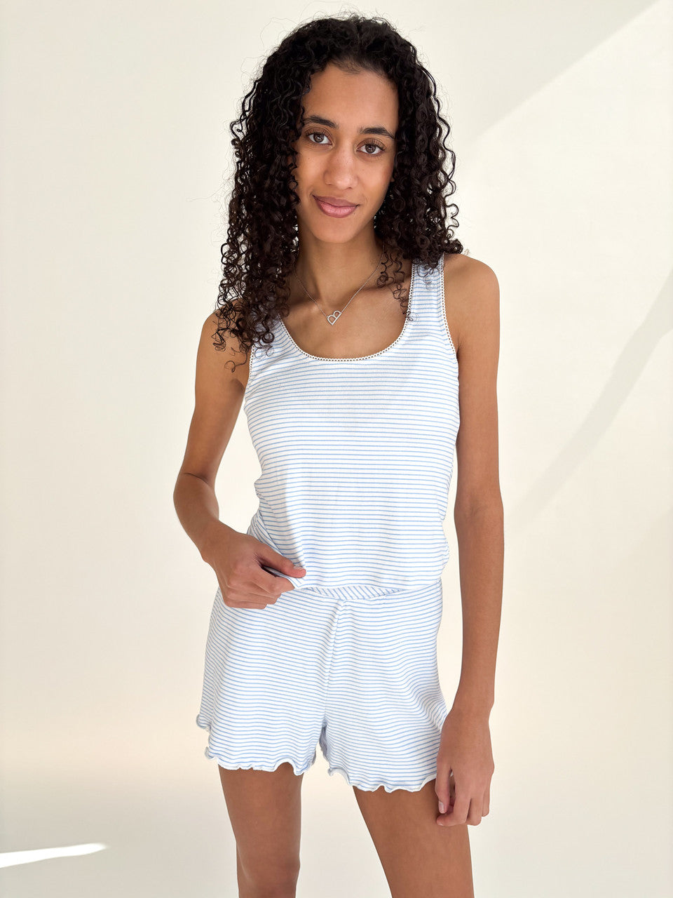 Pinstripe Picot Trim Tank Top - Blue