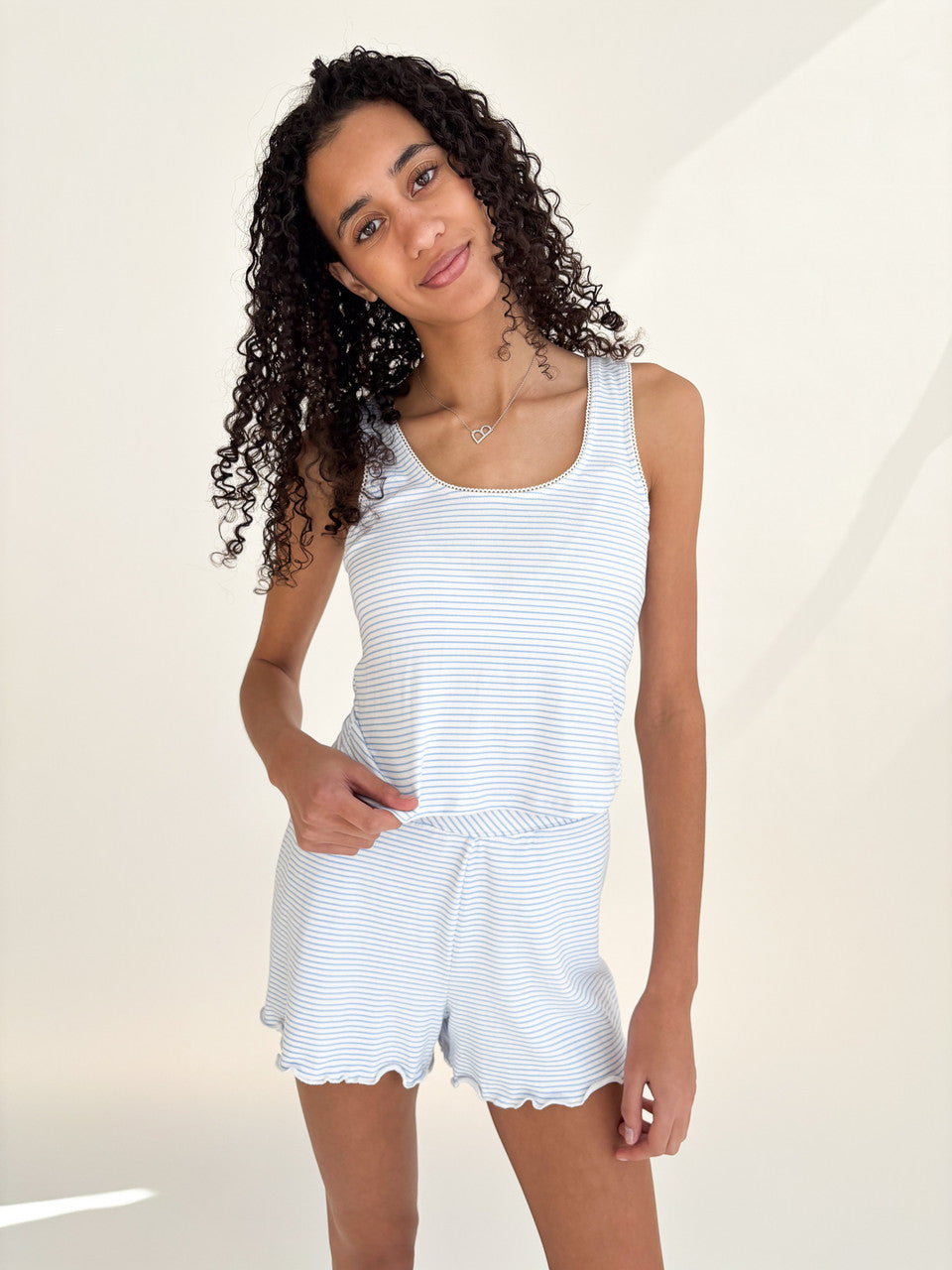 Pinstripe Picot Trim Tank Top - Blue