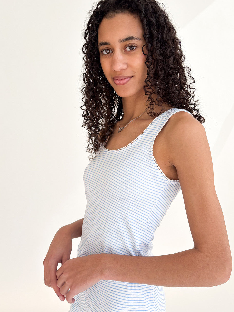 Pinstripe Picot Trim Tank Top - Blue