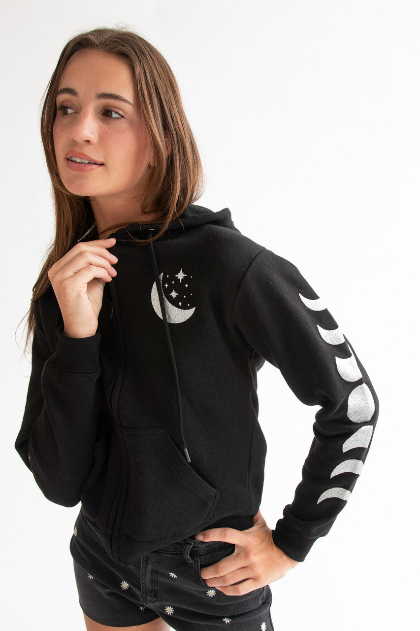 Silver Glitter Moon Zip Up Hoodie
