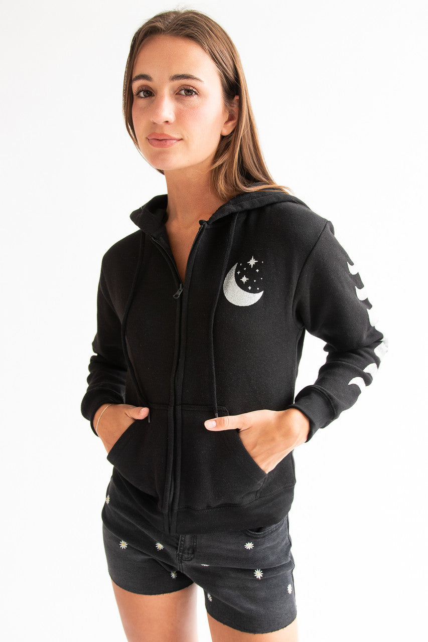 Silver Glitter Moon Zip Up Hoodie