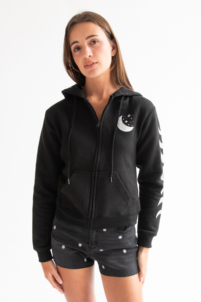 Silver Glitter Moon Zip Up Hoodie