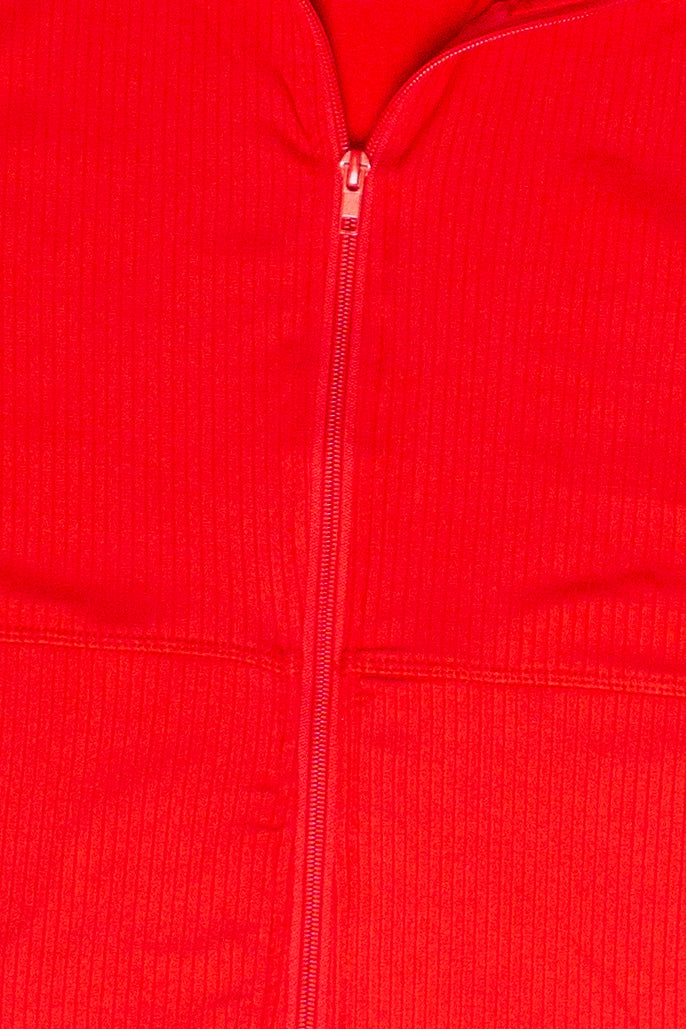 Ribbed Lightweight Fleece Lined Zip Up Top - Red
