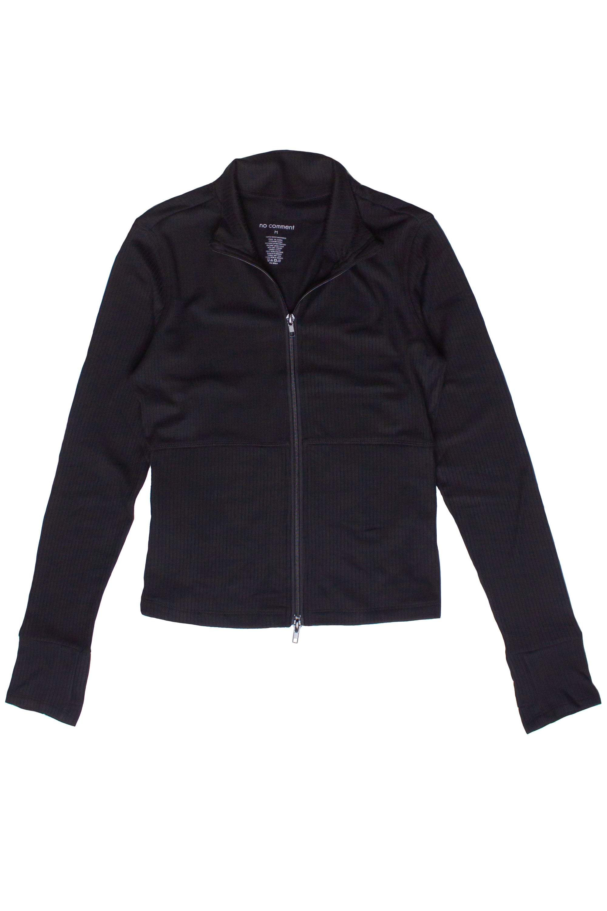 Ribbed Lightweight Fleece Lined Zip Up Top - Black