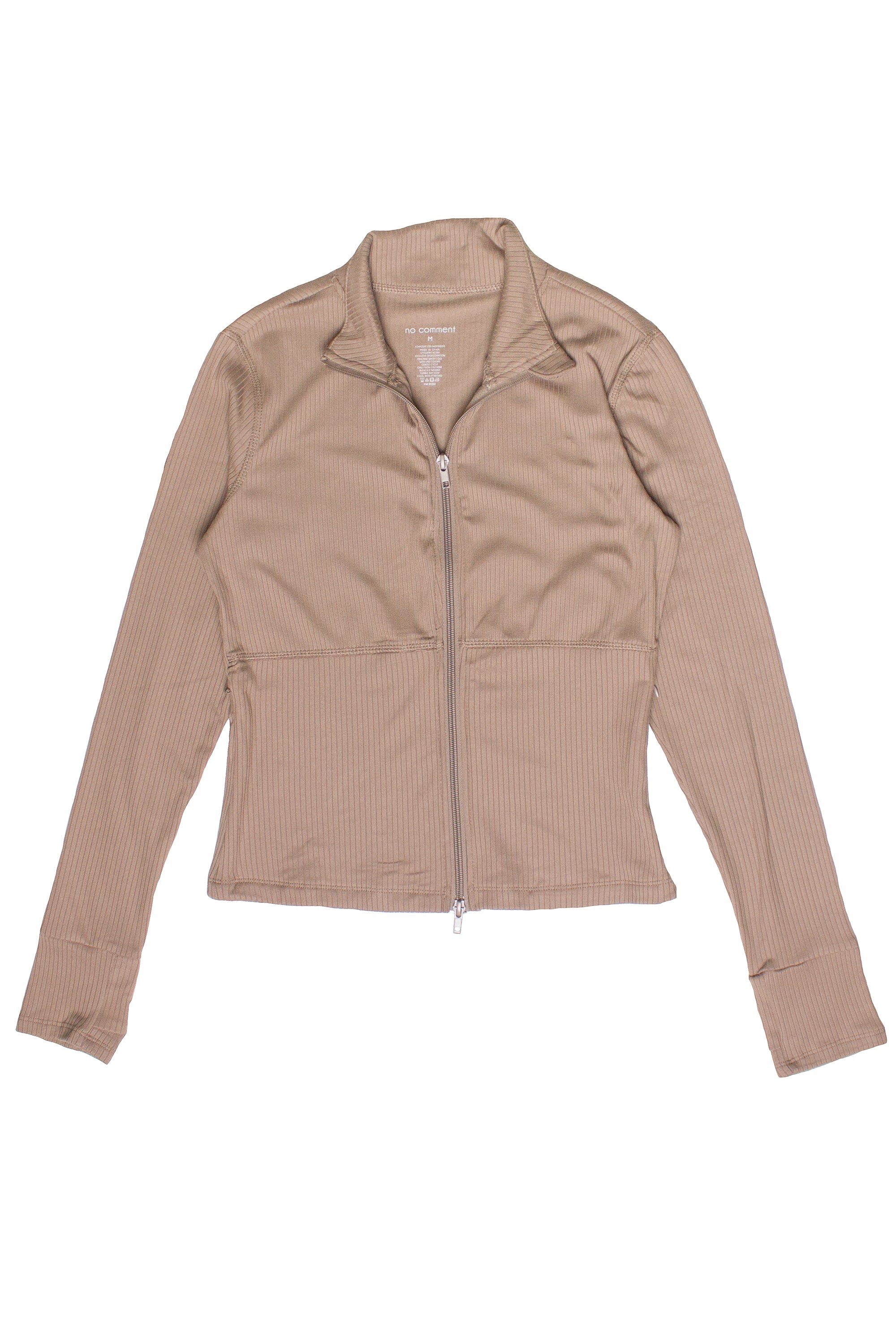 Ribbed Lightweight Fleece Lined Zip Up Top - Beige
