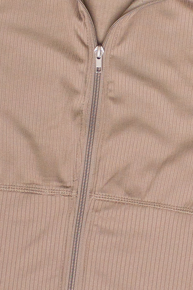 Ribbed Lightweight Fleece Lined Zip Up Top - Beige