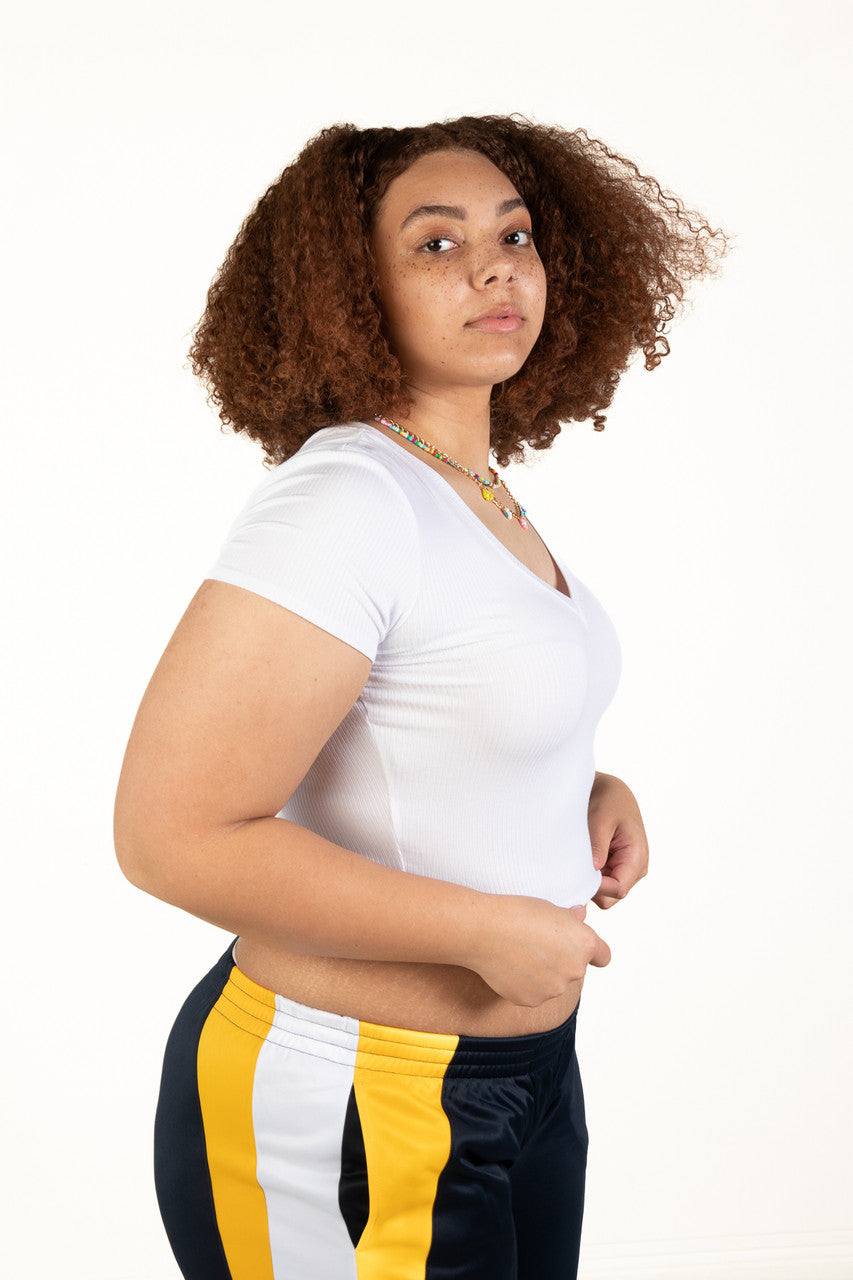 Extended Sizes White Ribbed V Neck Crop Tee
