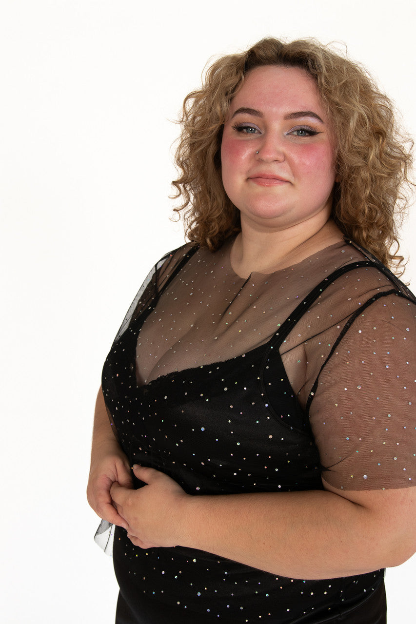 Extended Sizes Mesh Holo Dot Short Sleeve Top