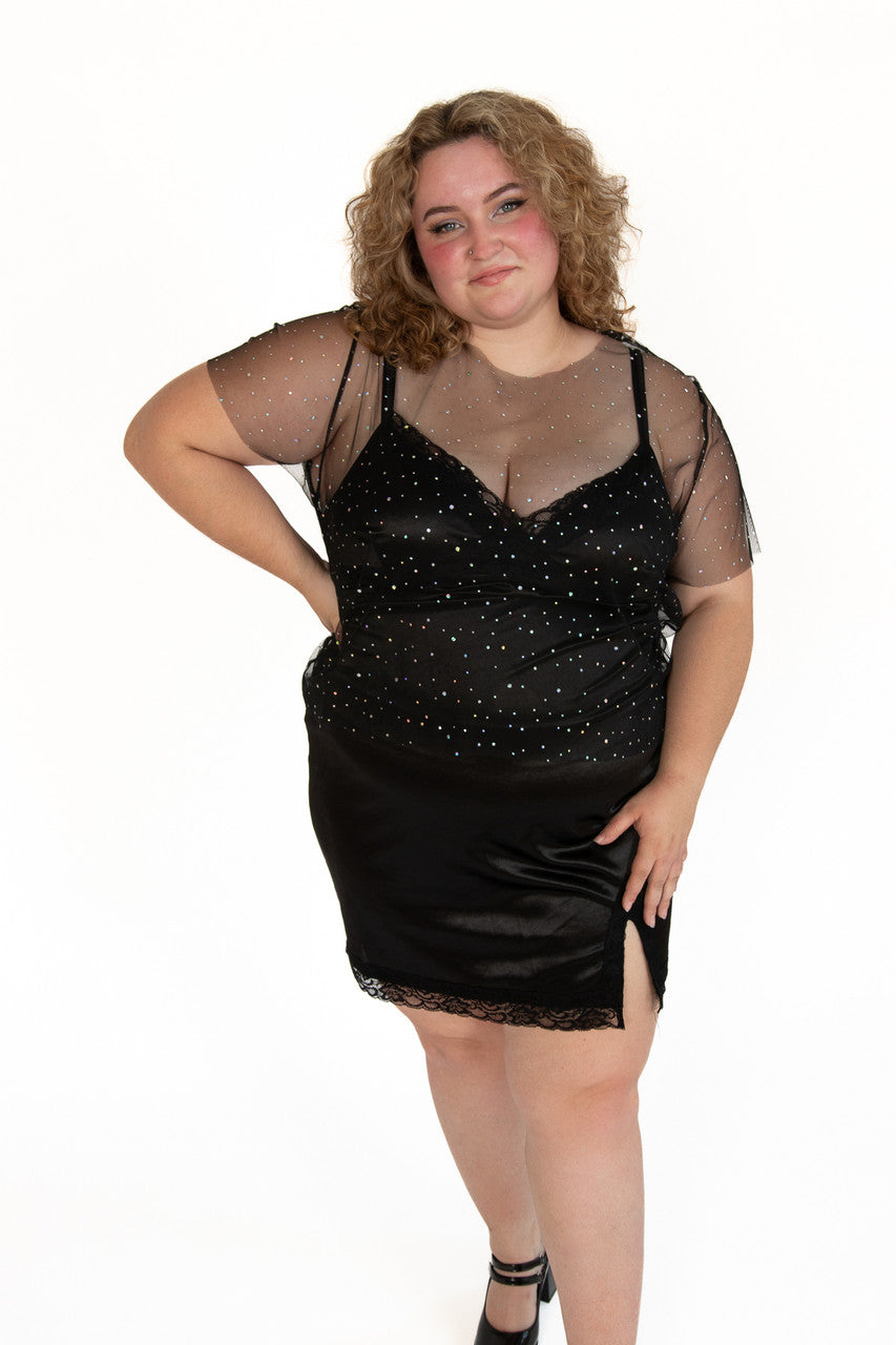 Extended Sizes Mesh Holo Dot Short Sleeve Top