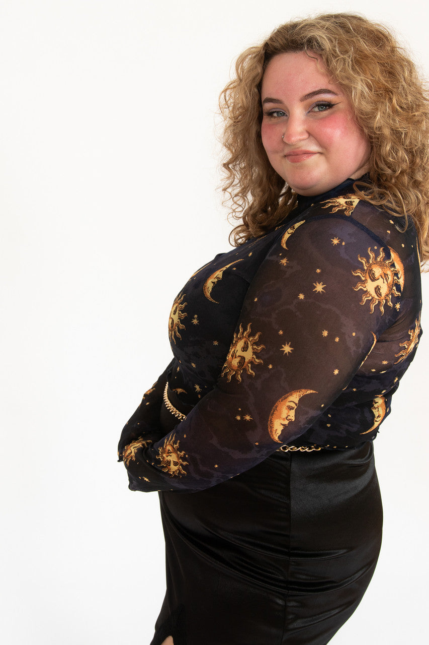 Extended Sizes Navy Celestial Mesh Crop