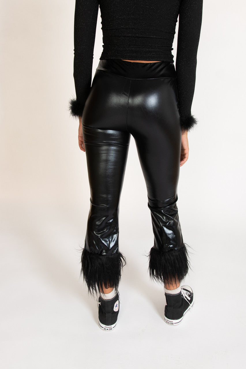 Metallic Fur Trim Flare Pants