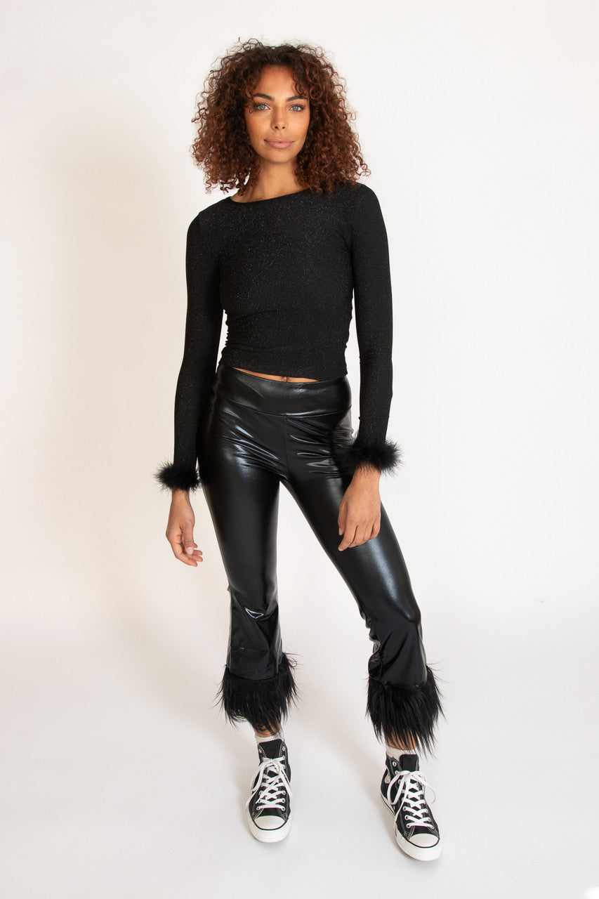 Metallic Fur Trim Flare Pants