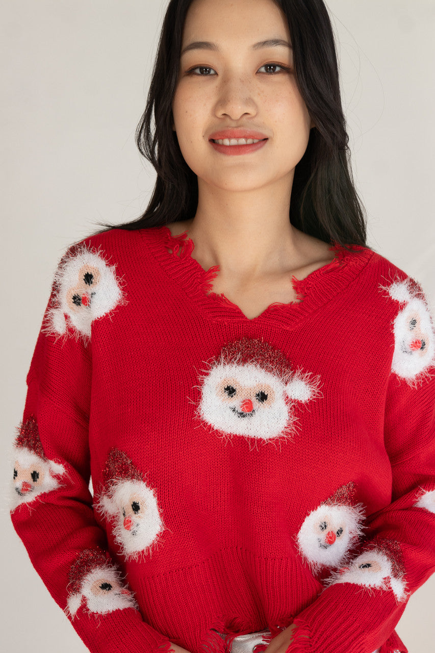 Happy Santa Distressed Sweater