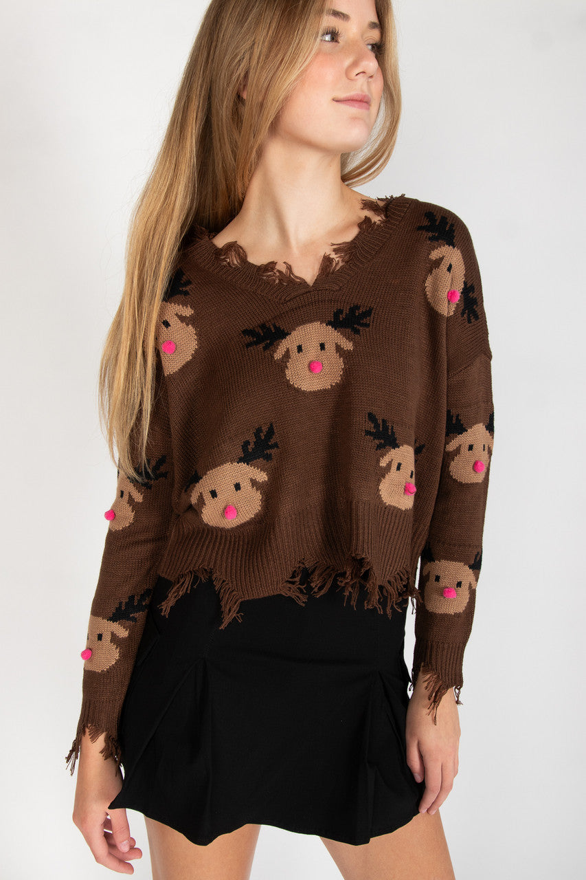 Reindeer Pals Distressed Sweater