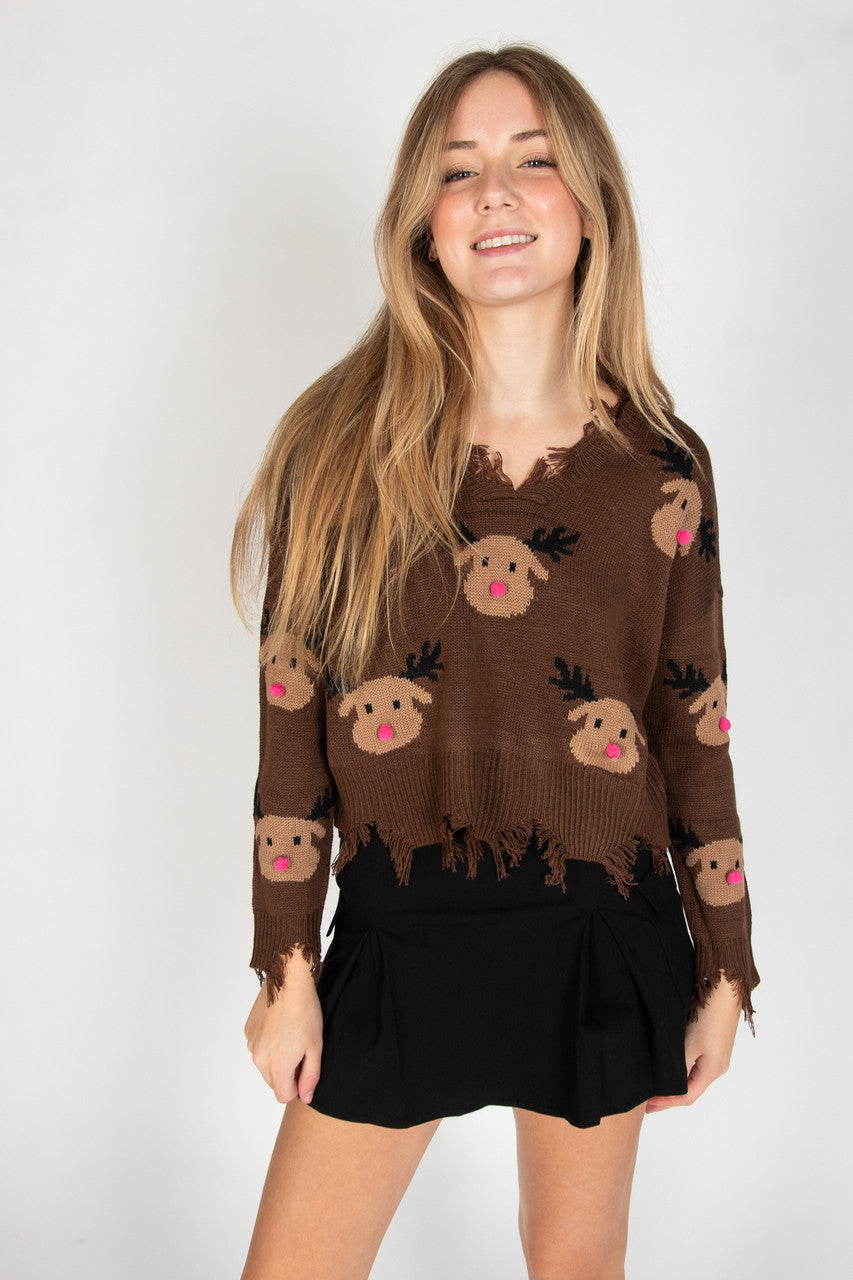 Reindeer Pals Distressed Sweater