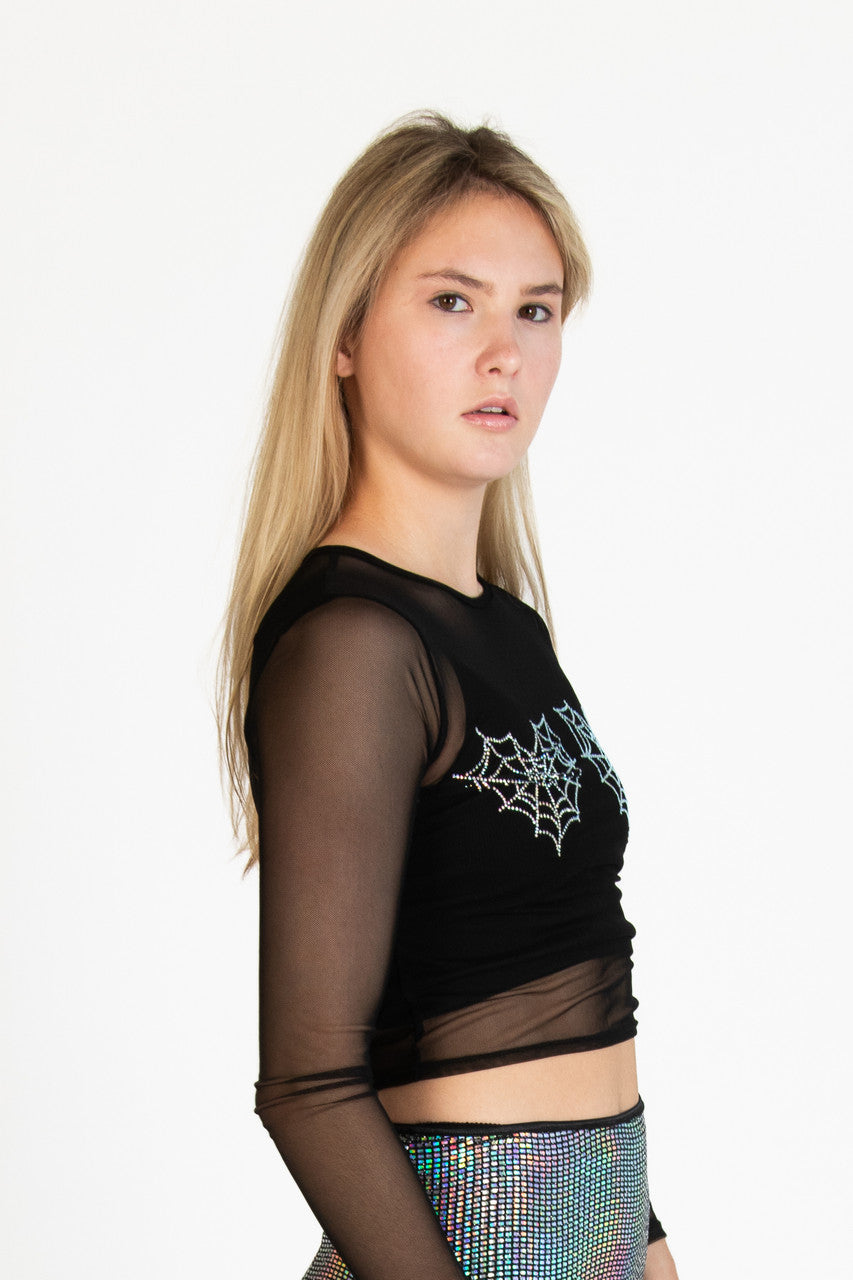Rhinestone Spiderweb Mesh Top