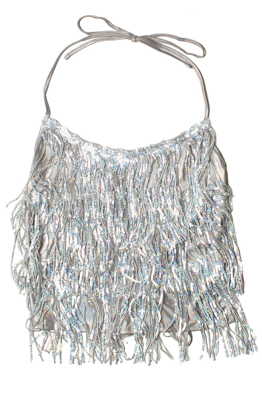 Holographic Sequin Fringe Halter Top
