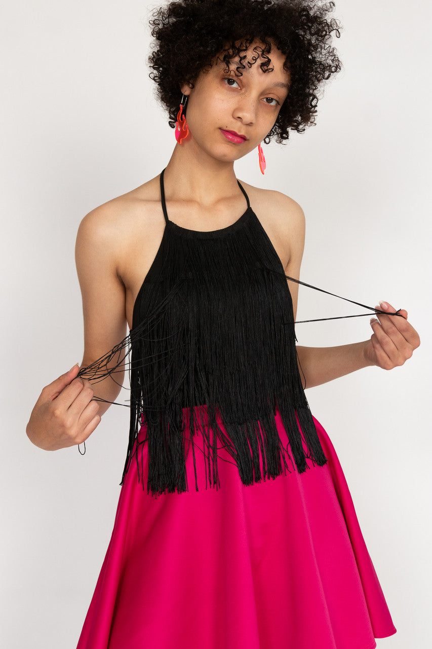 Black Fringe Halter Bodysuit