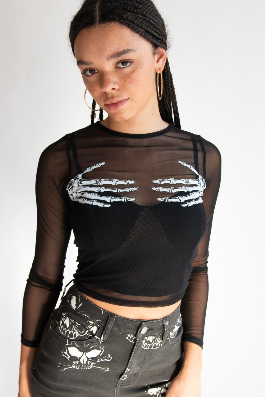 Skeleton Hands Mesh Long Sleeve Top