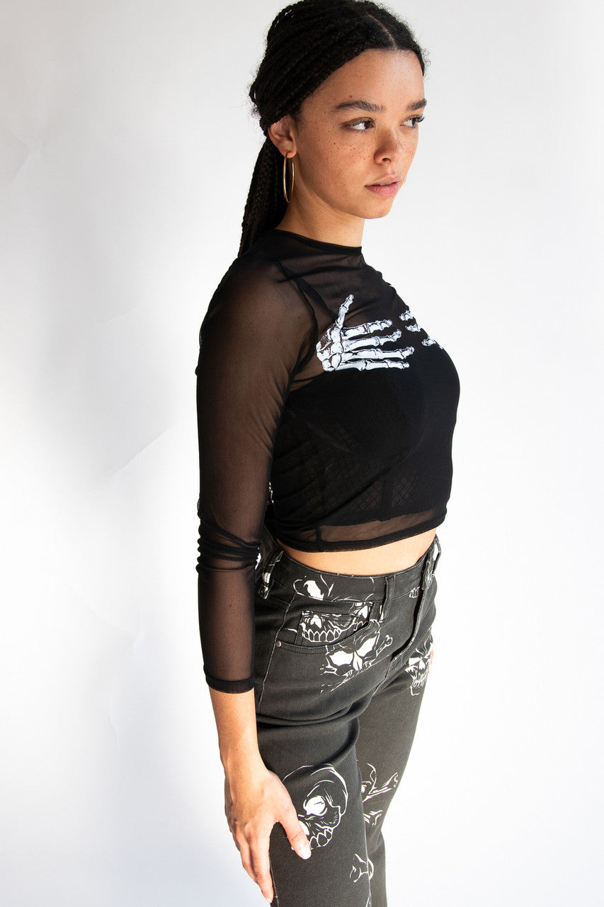 Skeleton Hands Mesh Long Sleeve Top