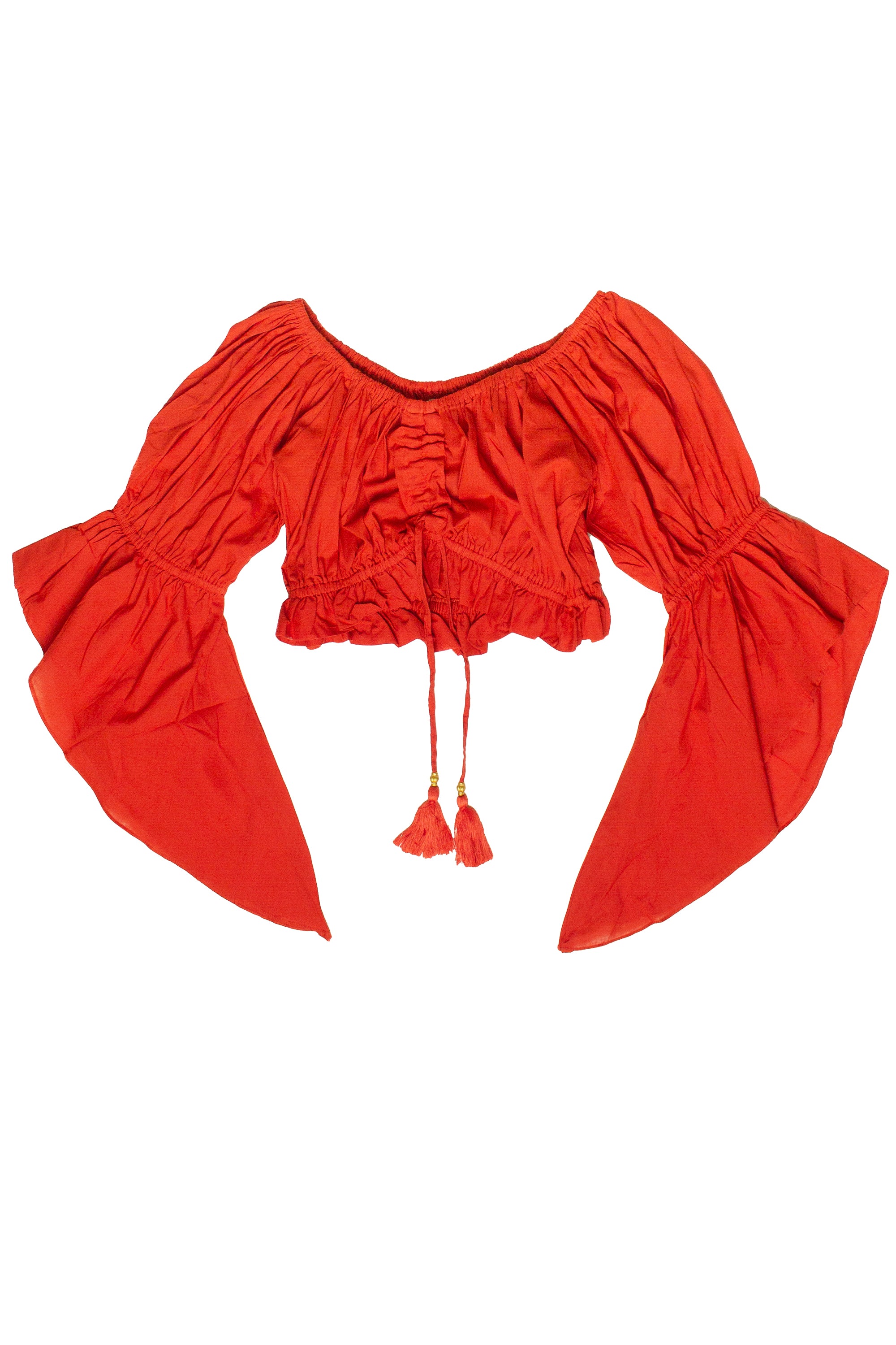 Ruched Front Peasant Crop Top - Red