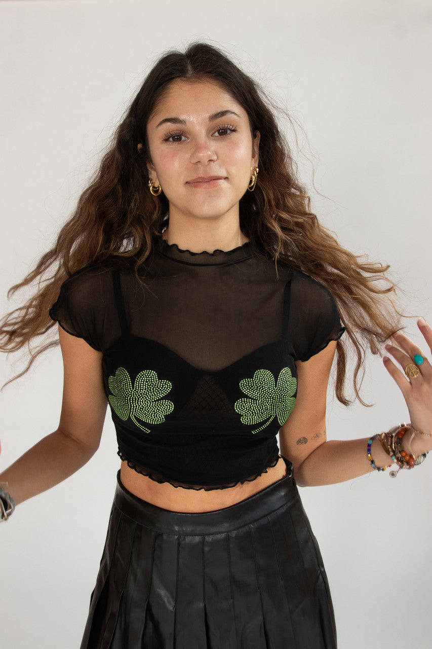 Rhinestone Shamrock Mesh Tee