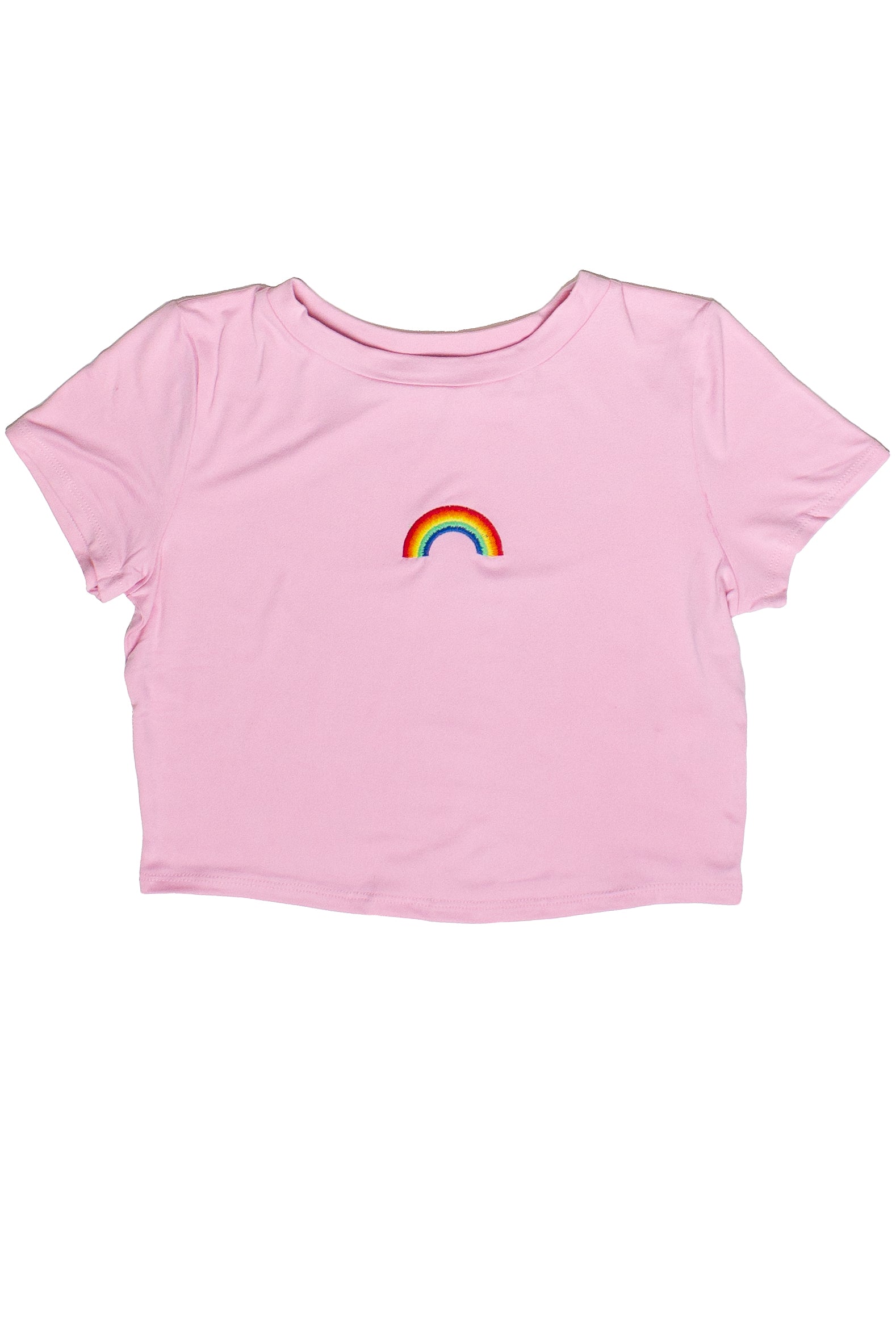 Pink baby tee with embroidered colorful rainbow design, short sleeves, and cropped fit laid flat on white background