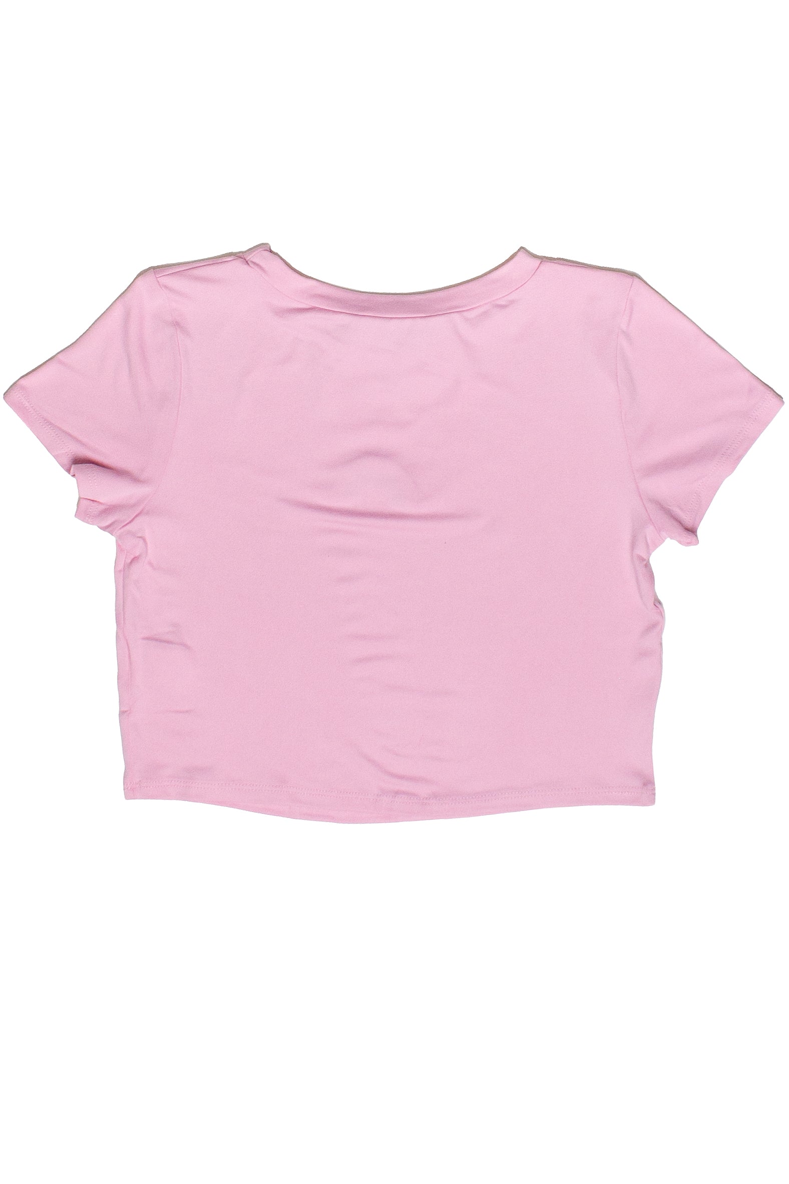 Back view of a plain pink embroidered rainbow baby tee with short sleeves and a round neckline