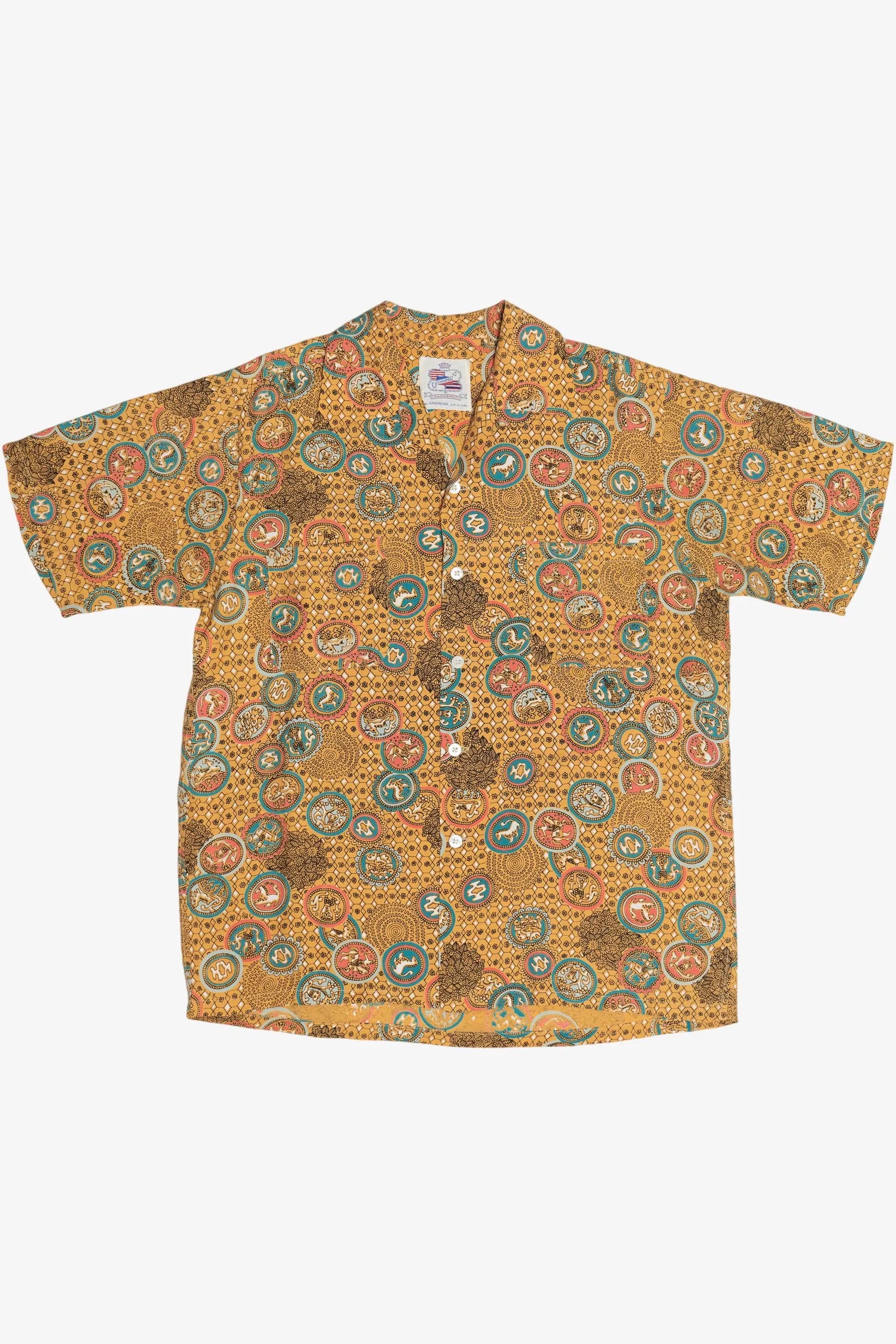 Short-sleeve shirt with a colorful pattern on a white background