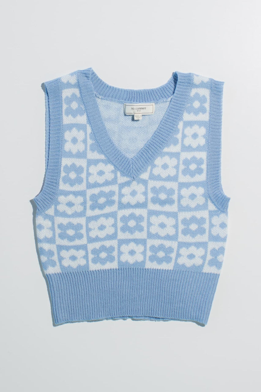 Powder Blue Floral Checkered Sweater Vest