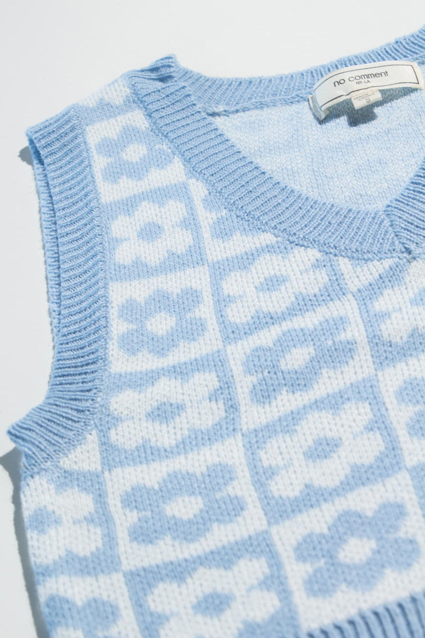Powder Blue Floral Checkered Sweater Vest