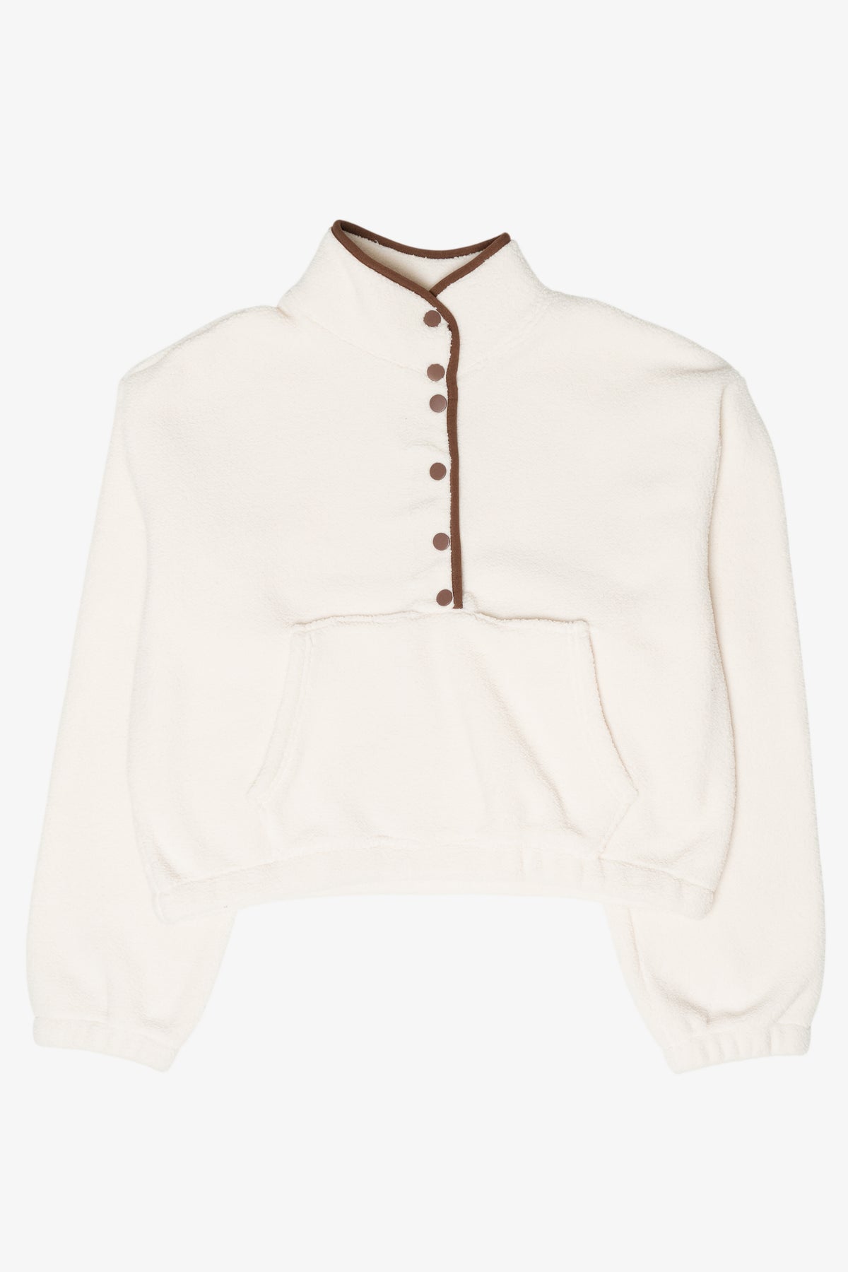 Cream cropped fleece pullover with brown snap-button high neck and front pouch pocket