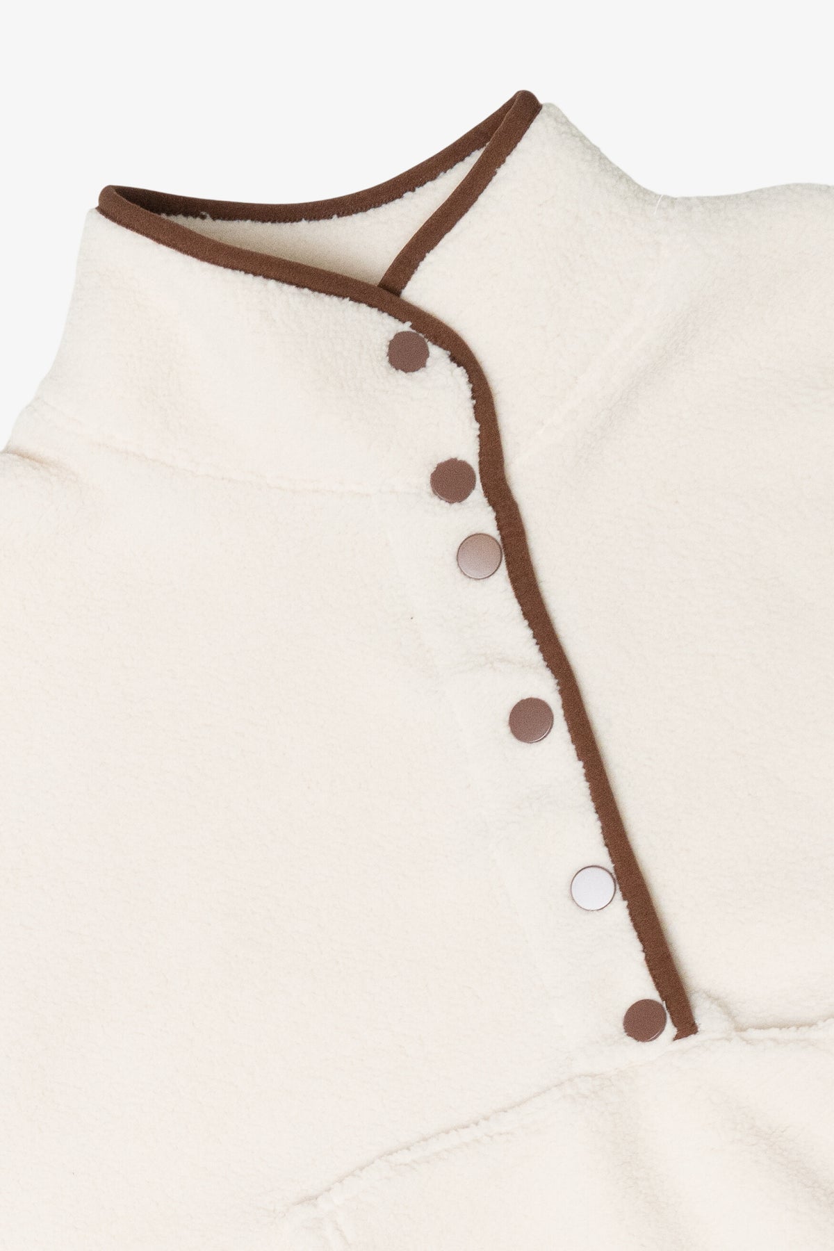 Cream fleece snap-neck pullover with high collar and brown trim detail