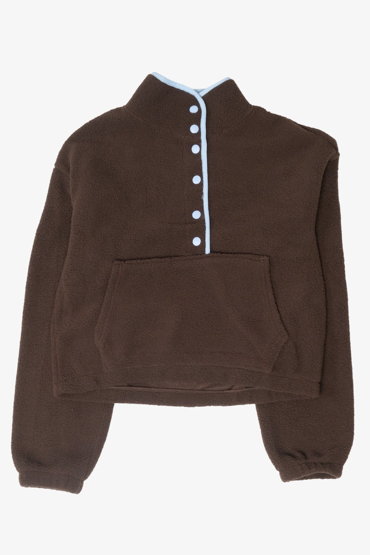 Brown fleece pullover sweatshirt with light blue snap buttons and kangaroo pocket