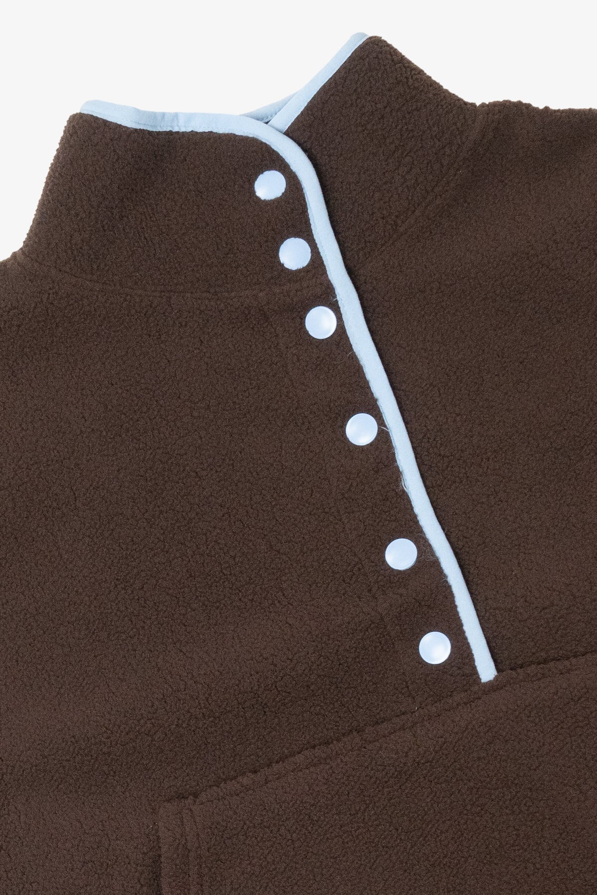 Brown fleece pullover high collar with light blue snap buttons and trim
