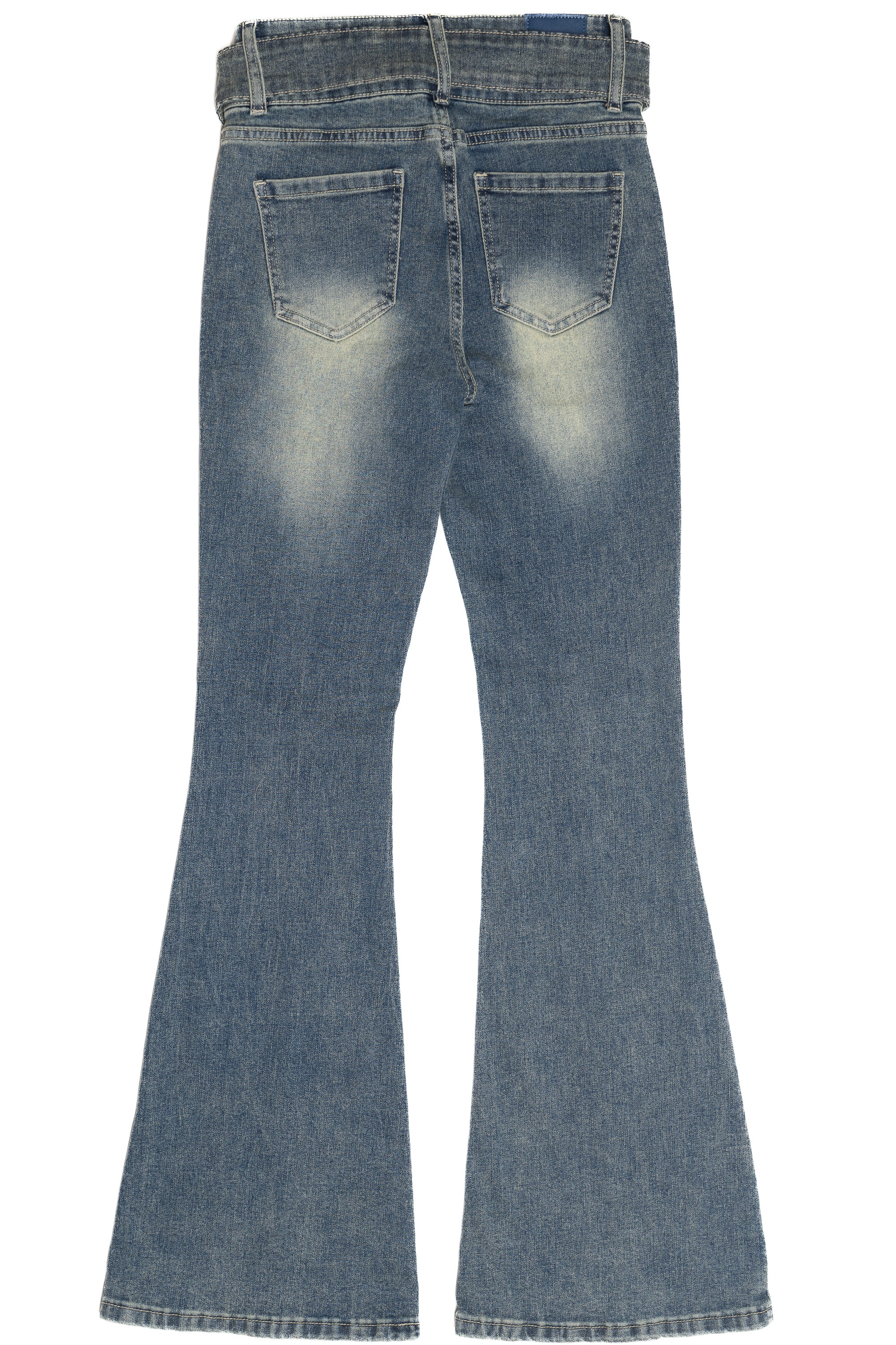 Belted Flare Grunge Wash Jeans