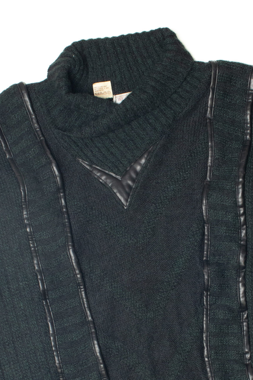 Vintage Dark Green 80s Sweater With Pleather Trim