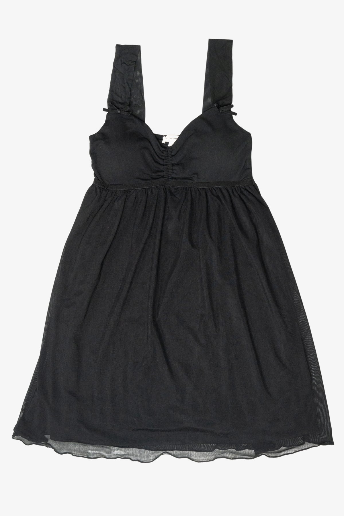 Black sleeveless mesh babydoll dress with ruched sweetheart neckline and empire waist