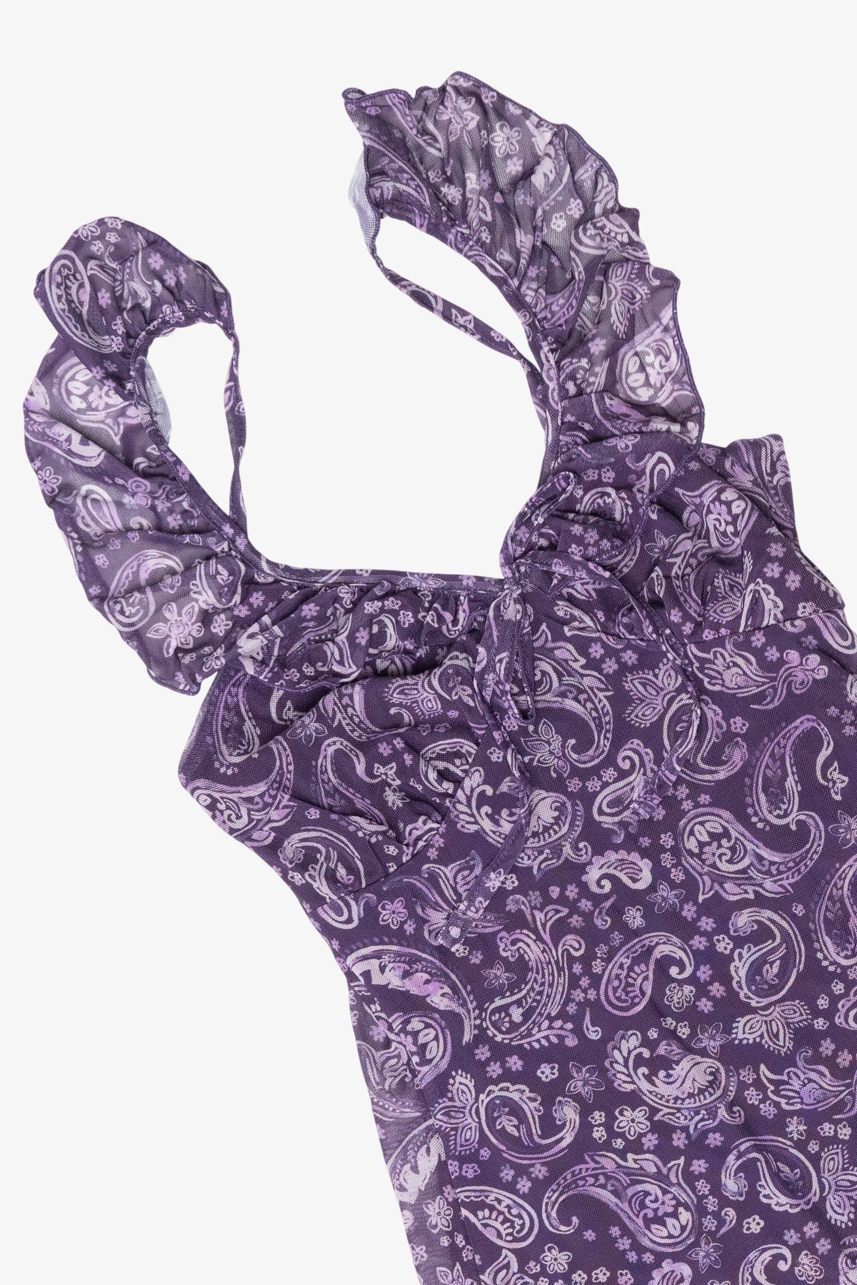 Purple paisley print mesh dress with ruffled straps and tie-front neckline