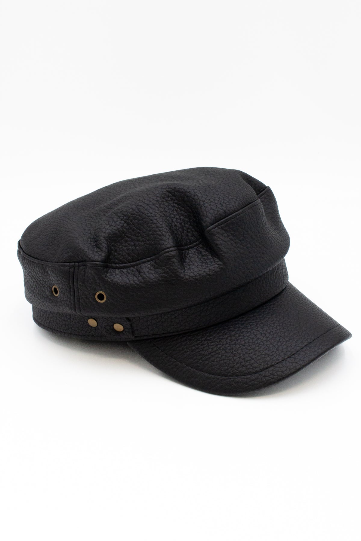 Black pebbled leather fisherman cap with visor and brass eyelets