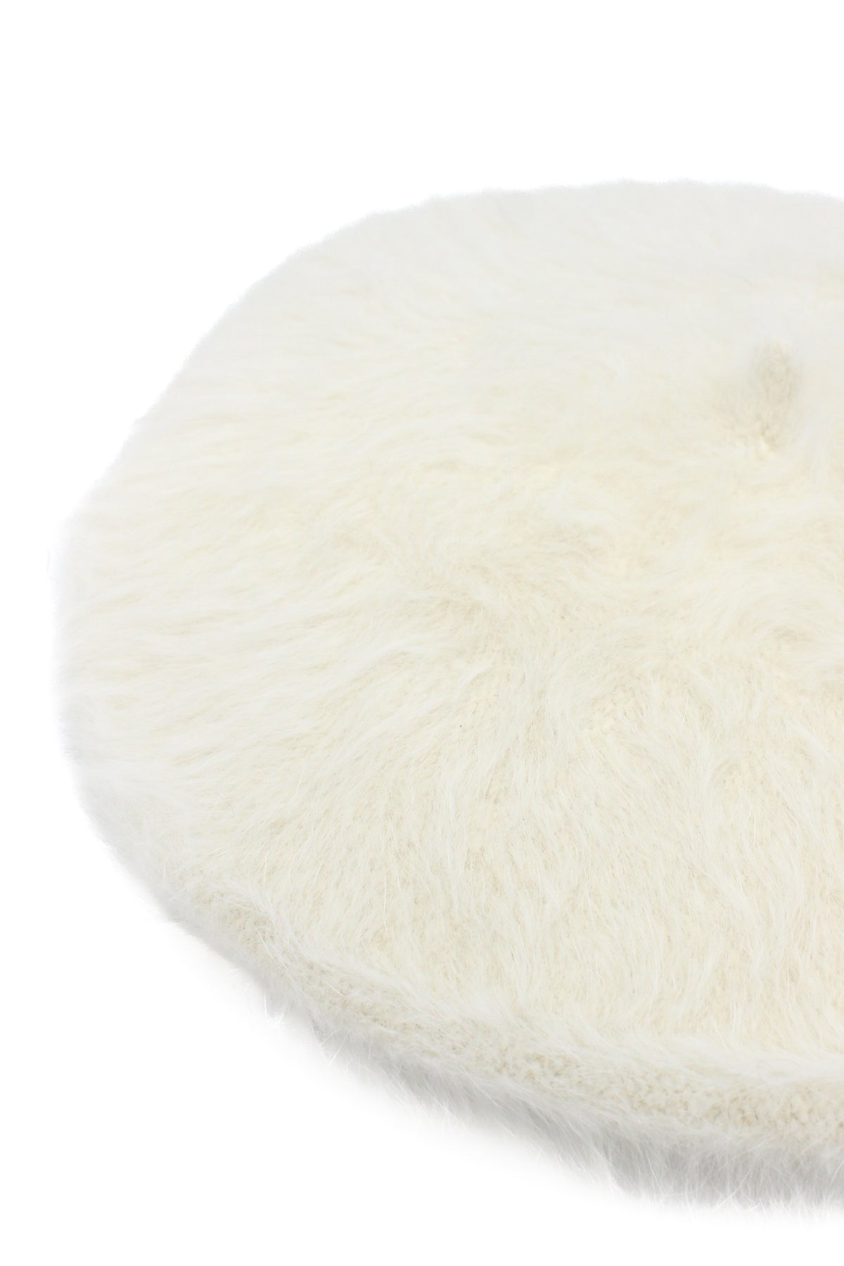Off-white fuzzy knit beret hat with a soft brushed texture
