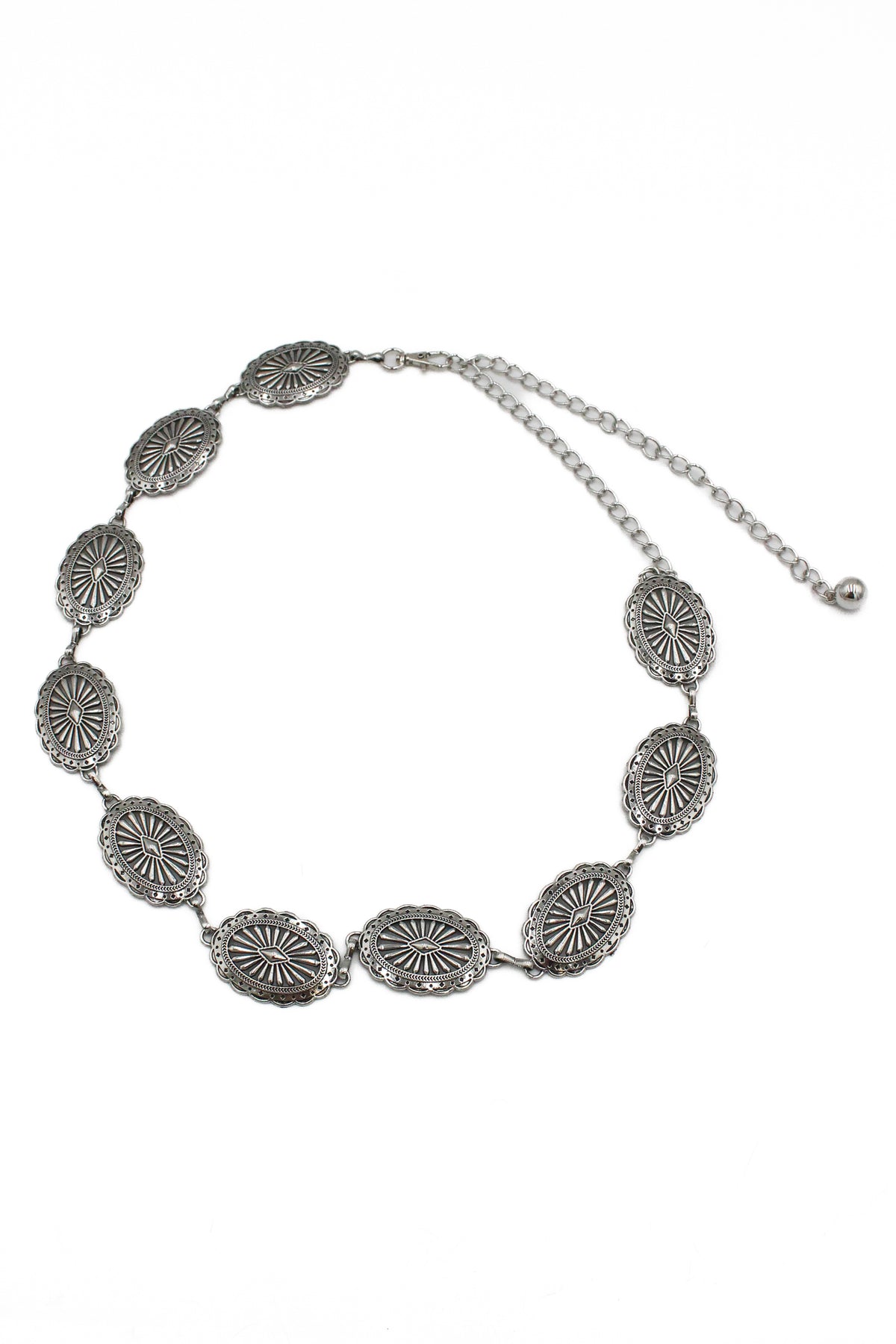 Silver-tone western chain belt with etched oval concho medallions